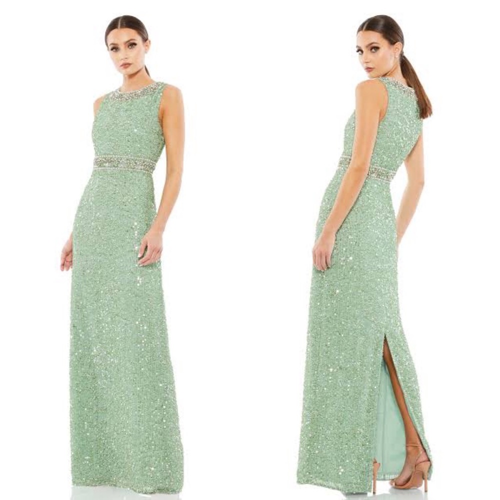 New Mac Duggal Mint Sequined Sleeveless Embellished Neckline Gown, Size 12